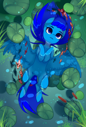 Size: 1300x1900 | Tagged: safe, alternate version, artist:nazori, imported from derpibooru, oc, oc only, fish, pegasus, pony, alternate character, cattails, commission, featureless crotch, lilypad, lying down, on back, outdoors, pegasus oc, pond, reeds, solo, spread wings, water, wings, ych result