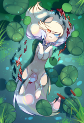 Size: 1300x1900 | Tagged: safe, alternate version, artist:nazori, imported from derpibooru, oc, oc only, earth pony, fish, pony, alternate character, cattails, commission, earth pony oc, featureless crotch, heterochromia, lilypad, lying down, on back, outdoors, pond, reeds, solo, water, ych result