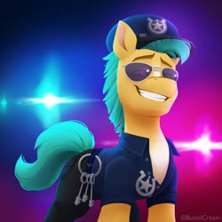 Size: 1188x1188 | Tagged: safe, artist:bcpony, imported from derpibooru, hitch trailblazer, earth pony, pony, spoiler:g5, spoiler:my little pony: a new generation, calendar, clothes, g5, hat, male, my little pony: a new generation, police hat, police officer, police uniform, scene interpretation, shirt, smiling, solo, stallion, stupid sexy hitch trailblazer, sunglasses