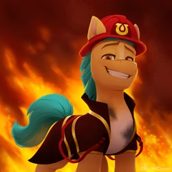 Size: 1188x1188 | Tagged: safe, artist:bcpony, imported from derpibooru, hitch trailblazer, earth pony, pony, spoiler:g5, spoiler:my little pony: a new generation, calendar, clothes, dreamworks face, firefighter, firefighter helmet, g5, grin, helmet, male, my little pony: a new generation, scene interpretation, smiling, solo, stallion, stupid sexy hitch trailblazer