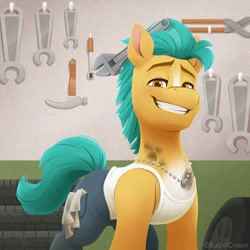 Size: 1188x1188 | Tagged: safe, artist:bcpony, imported from derpibooru, hitch trailblazer, earth pony, pony, spoiler:g5, spoiler:my little pony: a new generation, bolt cutter, calendar, clothes, dreamworks face, g5, grin, hammer, jeans, jewelry, male, mechanic, my little pony: a new generation, necklace, oil, pants, scene interpretation, smiling, socket wrench, solo, stallion, stupid sexy hitch trailblazer, tanktop, wrench