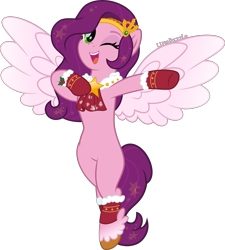 Size: 3596x4000 | Tagged: safe, artist:limedazzle, imported from derpibooru, part of a set, pipp petals, pegasus, pony, adorapipp, ambiguous facial structure, bipedal, christmas, cute, g5, holiday, looking at you, my little pony: a new generation, one eye closed, simple background, smiling, solo, spread wings, sultry pose, transparent background, wings, wink, winking at you