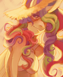 Size: 1800x2200 | Tagged: safe, artist:yuyusunshine, imported from derpibooru, princess celestia, alicorn, anthro, hair over one eye, hat, looking at you, smiling, solo, straw hat