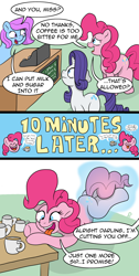 Size: 2008x4000 | Tagged: safe, artist:doodledonutart, imported from derpibooru, pinkie pie, rarity, earth pony, pony, unicorn, 3 panel comic, coffee, coffee mug, comic, female, mare, mug, pinkie found the coffee, spongebob squarepants, spongebob time card, this will not end well, xk-class end-of-the-world scenario