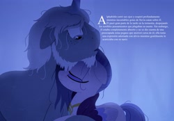 Size: 4096x2843 | Tagged: safe, artist:bearmation, edit, imported from derpibooru, queen haven, pegasus, pony, unicorn, alphabittle blossomforth, alphahaven, comforting, female, g5, heartwarming, heartwarming in hindsight, male, mare, messy mane, my little pony: a new generation, rain, shipping, spanish, spanish text, stallion, startled, straight, translated in the comments, translation, translator:zariots