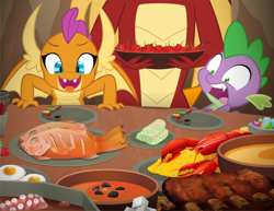 Size: 1000x773 | Tagged: safe, artist:queencold, imported from derpibooru, garble, smolder, spike, dragon, fish, lobster, dragoness, egg (food), feast of fire, female, food, gem, male, meat, ribs, screaming, seafood, soup