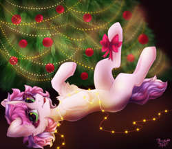 Size: 3000x2600 | Tagged: safe, artist:jsunlight, imported from derpibooru, oc, pony, unicorn, chest fluff, christmas, christmas tree, high res, holiday, lying down, on back, solo, tree