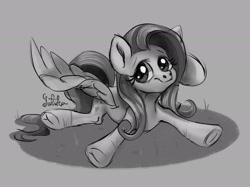 Size: 2048x1535 | Tagged: safe, artist:rottengotika, imported from derpibooru, fluttershy, pegasus, pony, cute, female, grass, looking at you, mare, monochrome, shyabetes, smiling, solo, sprawl, spread hooves, spread legs, spread wings, spreading, three quarter view, underhoof, wings