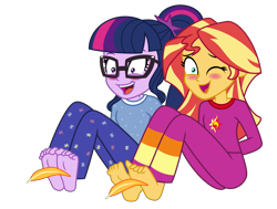 Size: 7600x5760 | Tagged: safe, artist:emeraldblast63, imported from derpibooru, sci-twi, sunset shimmer, twilight sparkle, equestria girls, arm behind back, barefoot, blushing, bondage, clothes, duo, feather, feet, fetish, one eye closed, open mouth, open smile, pajamas, simple background, smiling, tickle fetish, tickling, tied up, transparent background, wiggling toes