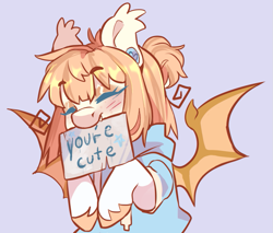 Size: 905x770 | Tagged: safe, artist:cheekipone, imported from derpibooru, oc, oc only, oc:honey milk, bat pony, pony, bat pony oc, blushing, clothes, cute, eyes closed, hoodie, mouth hold, sign, smiling, solo, spread wings, wings