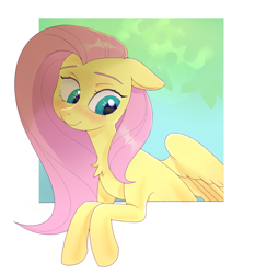 Size: 1280x1372 | Tagged: safe, artist:sn0www1, imported from derpibooru, fluttershy, pegasus, pony, blushing, bust, chest fluff, female, floppy ears, looking away, looking down, mare, partial background, partially open wings, smiling, solo, three quarter view, wings