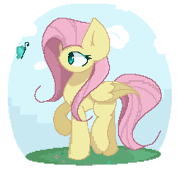 Size: 2150x2100 | Tagged: safe, artist:miryelis, imported from derpibooru, fluttershy, butterfly, pegasus, pony, cute, female, folded wings, full body, high res, looking, looking at something, mare, pixel art, raised hoof, raised leg, simple background, solo, standing, wings