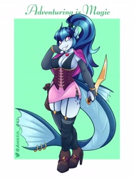 Size: 3072x4096 | Tagged: safe, artist:ambris, imported from derpibooru, sonata dusk, anthro, siren, adventuring is magic, blade, boots, breasts, busty sonata dusk, cleavage, clothes, corset, dungeons and dragons, fantasy class, high heel boots, jewelry, looking up, necklace, rogue, rpg, shoes, smiling, socks, thigh highs