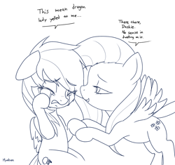 Size: 1376x1295 | Tagged: safe, artist:hyakuen, imported from derpibooru, part of a set, fluttershy, rainbow dash, pegasus, pony, series:my medium ungulate, them's fightin' herds, comforting, community related, crossover, crying, dialogue, eyebrows, eyebrows visible through hair, holding hooves, implied tianhuo, monochrome, part of a series, sad, simple background, white background