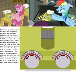 Size: 1934x1855 | Tagged: safe, imported from derpibooru, screencap, a.k. yearling, rainbow dash, ruby pinch, pony, daring don't, ponyville confidential, cropped, escii keyboard, explanation, female, filly, foal, text, typewriter