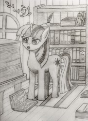 Size: 1567x2160 | Tagged: safe, artist:hory, imported from derpibooru, twilight sparkle, pony, unicorn, book, bookshelf, female, inkwell, library, monochrome, quill, room, sketch, solo, traditional art