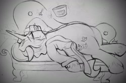 Size: 4061x2694 | Tagged: safe, artist:dsstoner, imported from derpibooru, fancypants, pony, unicorn, clothes, crying, distressed, dramatic, dramatic pose, fainting couch, food, hoof on head, ice cream, magic, monocle, open clothes, robe