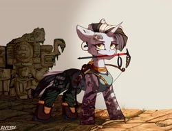 Size: 3961x3017 | Tagged: safe, artist:avery-valentine, imported from derpibooru, oc, oc:maya, zebra, zebracorn, arrow, boots, bow, clothes, giveaway, gold, high res, horn, injured, lara croft, pants, pickaxe, quiver, ruins, sand, shoes, sludge, zebra oc