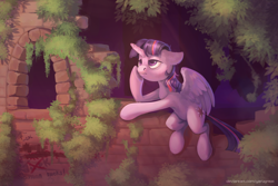 Size: 2400x1600 | Tagged: safe, artist:yarugreat, imported from derpibooru, twilight sparkle, alicorn, pony, bored, dawn, female, mare, post-apocalyptic, sitting, solo, twilight sparkle (alicorn), unamused