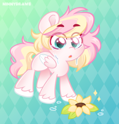 Size: 1943x2036 | Tagged: safe, artist:ninnydraws, imported from derpibooru, oc, oc only, oc:ninny, pegasus, blank flank, blushing, crying, eyebrows, female, filly, flower, foal, solo