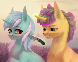 Size: 1280x1016 | Tagged: safe, artist:inarimayer, imported from derpibooru, lyra heartstrings, oc, oc:streamsound, pony, unicorn, brush, brushing, canon x oc, couple, female, glowing, glowing horn, horn, magic, magic aura, male, misleading thumbnail, smiling, stallion, straight, unicorn oc