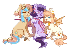 Size: 2010x1434 | Tagged: safe, artist:cheekipone, imported from derpibooru, oc, oc only, oc:bloodmoon lullaby, oc:honey milk, oc:star screw, bat pony, pony, unicorn, derpibooru, derpibooru community collaboration, 2022 community collab, amputee, bat pony oc, bell, bell collar, blushing, choker, collar, ear piercing, earring, goggles, jewelry, one eye closed, piercing, prosthetic leg, prosthetic limb, prosthetics, raspberry, simple background, smiling, spiked choker, spread wings, tongue out, transparent background, trio, wings, wink