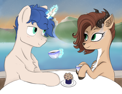 Size: 1555x1200 | Tagged: safe, artist:remedy7en, imported from derpibooru, oc, oc only, oc:karabou, oc:laurus, gazelle, pony, unicorn, coffee, cup, teacup