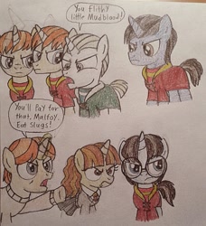 Size: 1173x1286 | Tagged: safe, artist:jebens1, imported from derpibooru, pony, unicorn, comic, draco malfoy, fred weasley, frown, george weasley, harry potter, harry potter (series), hermione granger, insult, parody, pointing, ponified, ron weasley, scene interpretation, scene parody, scowl, traditional art, unamused