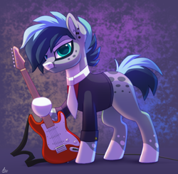 Size: 990x970 | Tagged: safe, artist:luminousdazzle, imported from derpibooru, oc, oc only, oc:kyanite, earth pony, pony, ear piercing, earth pony oc, electric guitar, fender stratocaster, frown, guitar, looking at you, male, markings, musical instrument, necktie, piercing, simple background, solo, stallion, stratocaster