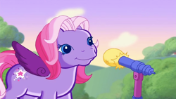 Size: 2204x1242 | Tagged: safe, imported from derpibooru, screencap, starsong, pegasus, pony, meet the ponies, cute, female, g3, looking at you, mare, microphone, microphone stand, outdoors, purple wings, smiling, smiling at you, solo, starsawwwng, starsong's dance & sing party, that pony sure does love to sing, wings