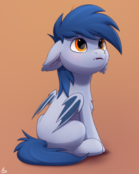 Size: 1600x2000 | Tagged: safe, artist:luminousdazzle, imported from derpibooru, oc, oc only, oc:speck daelyn, bat pony, pony, chest fluff, colt, cute, floppy ears, foal, looking up, male, ocbetes, orange background, simple background, sitting, solo, younger