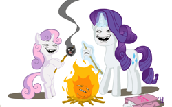 Size: 700x438 | Tagged: source needed, safe, artist:7doran, edit, imported from twibooru, rarity, sweetie belle, pony, unicorn, bipedal, campfire, cannibalism, cooking, fire, food, image, lidded eyes, marshmallow, meme, murder, pekaface, png, rarity is a marshmallow, rarity using marshmallows, roasting, sweetie belle can't cook, sweetie belle is a marshmallow too, sweetie belle using marshmallows, sweetie fail, unauthorized edit