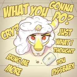 Size: 2000x2000 | Tagged: safe, artist:cocaine, imported from derpibooru, oc, oc:princess coke, alicorn, zebra, zebra alicorn, cookie, cookie jar, dialogue, food, looking at you, mean, menacing, pet, small, stare, talking to viewer