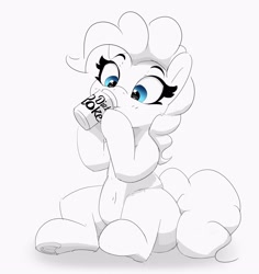 Size: 3450x3653 | Tagged: safe, artist:pabbley, imported from derpibooru, pinkie pie, earth pony, pony, belly button, diet coke, drink, drinking, female, grayscale, high res, mare, monochrome, partial color, raised hoof, simple background, sitting, soda, soda can, solo, underhoof, white background