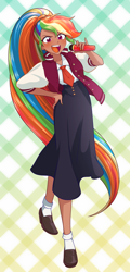 Size: 2054x4268 | Tagged: safe, alternate version, artist:rileyav, imported from derpibooru, rainbow dash, human, alternate hairstyle, anime, clothes, cosplay, costume, dark skin, female, hand on hip, humanized, microphone, necktie, open mouth, saki nikaido, school uniform, shoes, skirt, solo, zombieland saga