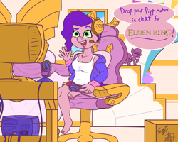 Size: 3000x2400 | Tagged: safe, artist:erynerikard, imported from derpibooru, pipp petals, anthro, pegasus, plantigrade anthro, pony, barefoot, breasts, chair, cleavage, clothes, controller, digital art, elden ring, feet, g5, game console, gamer, gamer pipp, gaming chair, gaming headset, headset, high res, hoodie, livestream, microphone, monitor, my little pony: a new generation, office chair, pippsqueaks, solo, this will end in rage, this will not end well, toy, toy interpretation