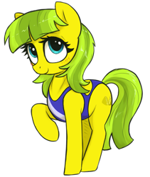 Size: 1197x1416 | Tagged: safe, artist:t72b, imported from derpibooru, oc, oc:lemon drop, pony, derpibooru community collaboration, 2022 community collab, blushing, clothes, female, mare, one-piece swimsuit, raised hoof, simple background, solo, swimsuit, transparent background