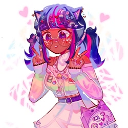 Size: 1080x1080 | Tagged: safe, artist:error_707lol, imported from derpibooru, twilight sparkle, human, bandage, bow, dark skin, eyebrows, eyebrows visible through hair, female, glasses, humanized, peace sign, solo, stars