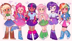 Size: 3246x1859 | Tagged: safe, artist:error_707lol, imported from derpibooru, applejack, fluttershy, pinkie pie, rainbow dash, rarity, twilight sparkle, equestria girls, clothes, cute, dark skin, female, human coloration, humane five, humane six, looking at you, open mouth, open smile, skirt, smiling, sweat