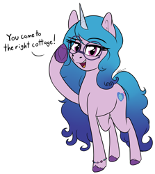 Size: 2040x2292 | Tagged: safe, artist:seafooddinner, imported from derpibooru, izzy moonbow, pony, unicorn, bracelet, bronybait, eye clipping through hair, eyebrows, eyebrows visible through hair, female, g5, glasses, high res, jewelry, looking at you, mare, my little pony: a new generation, open mouth, open smile, simple background, smiling, smiling at you, solo, subverted meme, welcome, white background