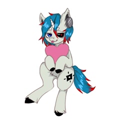 Size: 1000x1000 | Tagged: safe, imported from derpibooru, oc, oc:tiankai, unicorn, black sclera, clothes, headphones, heart, horn, looking at you, red eye, red eyes, scarf, simple background, sitting, solo, tongue out, unicorn oc, white background