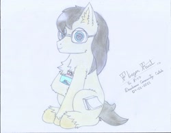 Size: 3291x2550 | Tagged: safe, artist:fliegerfausttop47, derpibooru exclusive, imported from derpibooru, oc, oc only, oc:paperback writer, earth pony, arm fluff, black hair, blue eyes, cheek fluff, chest fluff, cute, ear fluff, glasses, high res, holding, hoof fluff, leg fluff, looking at you, notebook, shoulder fluff, signature, simple background, smiling, solo, tan coat, unshorn fetlocks, white background