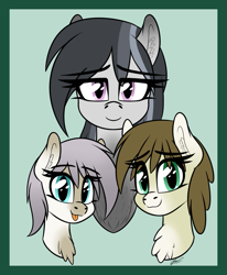 Size: 1571x1907 | Tagged: safe, artist:seafooddinner, imported from derpibooru, oc, oc only, oc:meadow frost, oc:snowfall, oc:tundra tracker, :p, chest fluff, cute, group photo, simple background, smiling, tongue out, yakutian horse