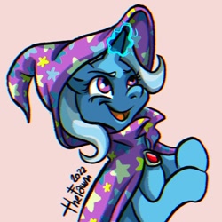 Size: 640x640 | Tagged: safe, artist:ilcerbiastrelloarts, imported from derpibooru, trixie, pony, unicorn, 2022, cape, clothes, hat, lowres, magic, magic aura, open mouth, simple background, solo, trixie's cape, trixie's hat