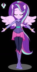 Size: 528x1028 | Tagged: safe, artist:velvetglimmer, imported from derpibooru, oc, oc only, oc:velvetglimmer, equestria girls, black background, boots, eyes closed, female, high heel boots, not starlight glimmer, ponied up, shoes, simple background, smiling, solo, spread wings, wings