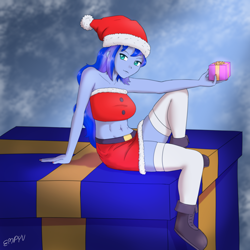 Size: 1200x1200 | Tagged: safe, artist:empyu, imported from derpibooru, princess luna, equestria girls, bare shoulders, boots, christmas, clothes, female, hat, holiday, looking at you, midriff, present, santa hat, shoes, skirt, solo, stockings, thigh highs, tube top, vice principal luna