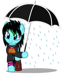 Size: 3064x3712 | Tagged: safe, artist:strategypony, imported from derpibooru, oc, oc only, oc:scene chick, earth pony, pony, black mane, bring me the horizon, clothes, ear piercing, emo, female, high res, jewelry, mare, necklace, piercing, rain, simple background, smiling, socks, solo, striped socks, that's the spirit, transparent background, umbrella