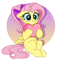Size: 4531x4536 | Tagged: safe, artist:kittyrosie, imported from derpibooru, fluttershy, pegasus, pony, absurd resolution, alternate hairstyle, blushing, bow, cute, female, hair bow, heart, heart eyes, kittyrosie is trying to murder us, mare, ponytail, shyabetes, sitting, smiling, solo, weapons-grade cute, wingding eyes
