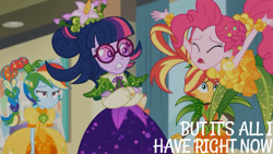 Size: 1280x720 | Tagged: safe, edit, edited screencap, editor:quoterific, imported from derpibooru, screencap, pinkie pie, rainbow dash, sci-twi, sunset shimmer, twilight sparkle, equestria girls, equestria girls series, holidays unwrapped, spoiler:eqg series (season 2), cornucopia costumes, crossed arms, eyes closed, female, o come all ye squashful, open mouth