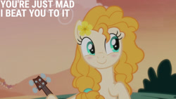 Size: 1280x720 | Tagged: safe, edit, edited screencap, editor:quoterific, imported from derpibooru, screencap, pear butter, earth pony, pony, season 7, the perfect pear, blushing, flower, flower in hair, guitar, musical instrument, smiling, solo